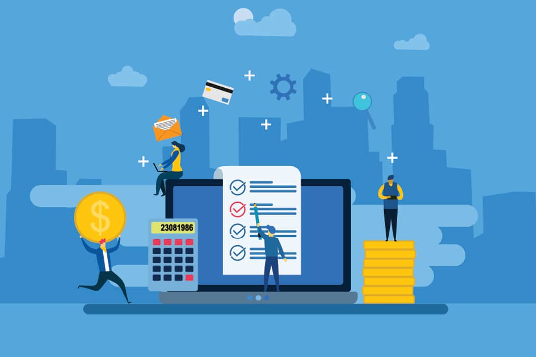 A vector illustration depicting a digital payroll and salary administrative concept with office workers and financial symbols.